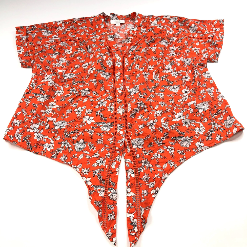 Charter Club Luxury XL 100% Linen Button Long Sleeve Shirt Floral Orange